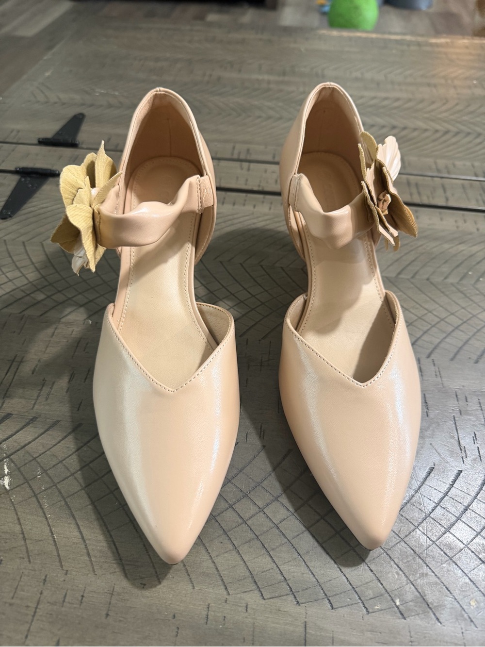 Pointed Ankle-Strap Heels in Nude with Floral Accent